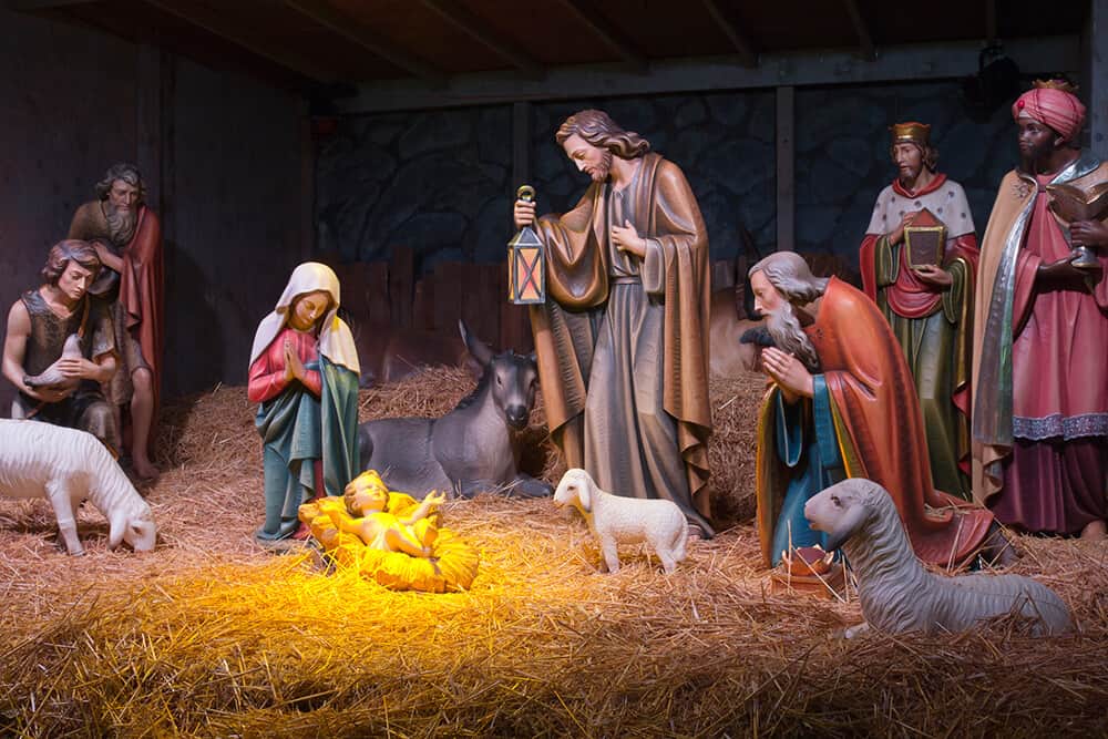 The Nativity scene showing the birth of Jesus Christ in a manger